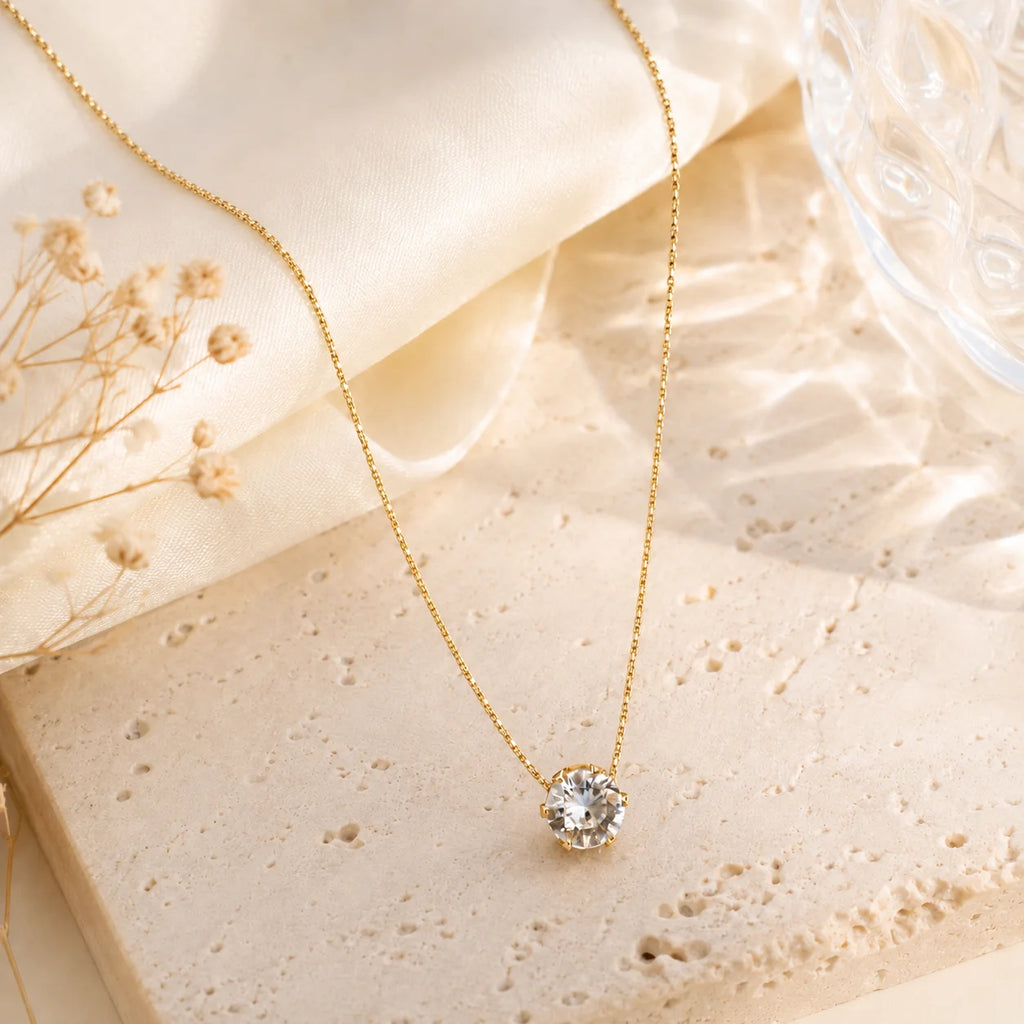 Minimalist Solitaire Zircon Choker Necklace | 18K Gold Plated Pendant Choker Necklace SPOT