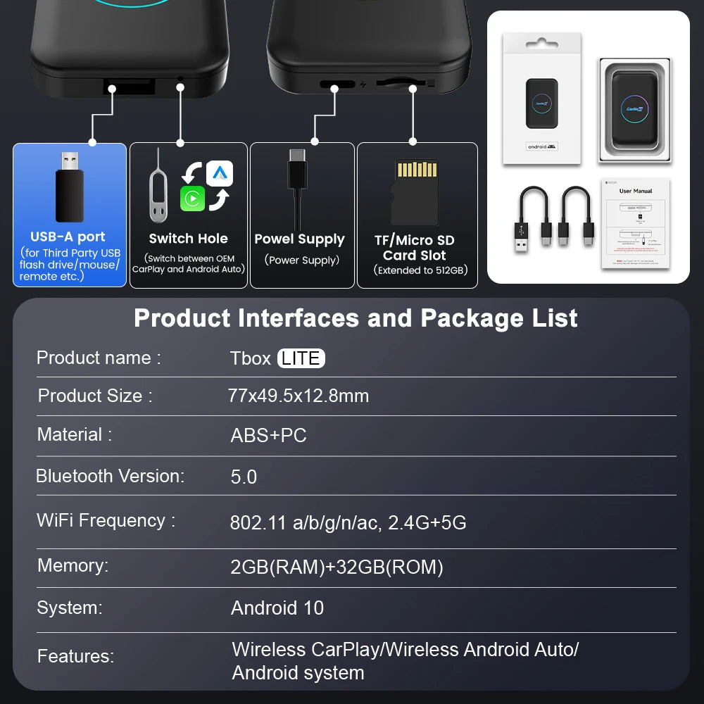 CarlinKit Tbox Lite Wireless CarPlay & Android Auto Box 2G+32G Car Multimedia Box SPOT