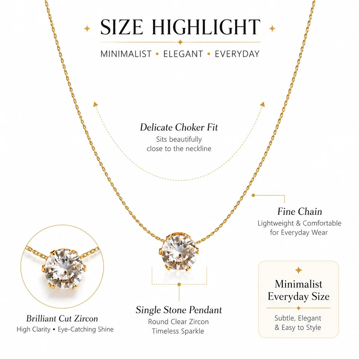 Minimalist Solitaire Zircon Choker Necklace | 18K Gold Plated Pendant Choker Necklace SPOT