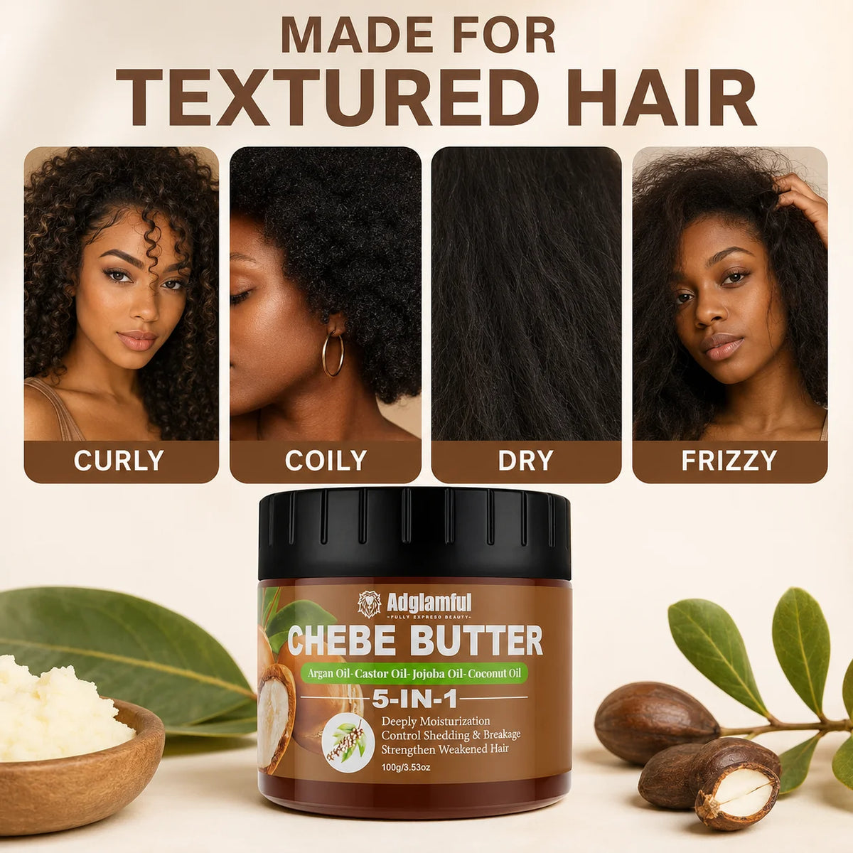 Chebe Hair Butter 100g – 5-in-1 Moisturizing Cream Argan & Coconut Hair Butter Cream SPOT