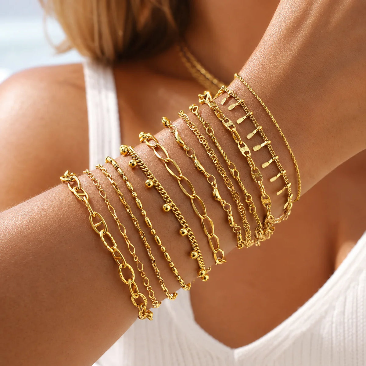 18K Gold Plated Link Bracelet – Waterproof Stackable Wristband Chain Link Bracelet SPOT
