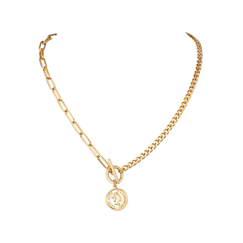 Paper Clip Chain Coin Pendant Necklace – Gold Toggle Clasp Pendant Necklace SPOT