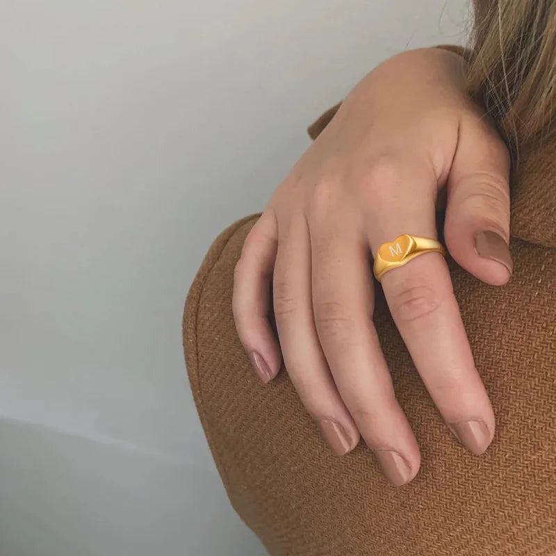Personalised Engraved Heart Signet Ring – Custom Initial Women Engraved Signet Ring SPOT