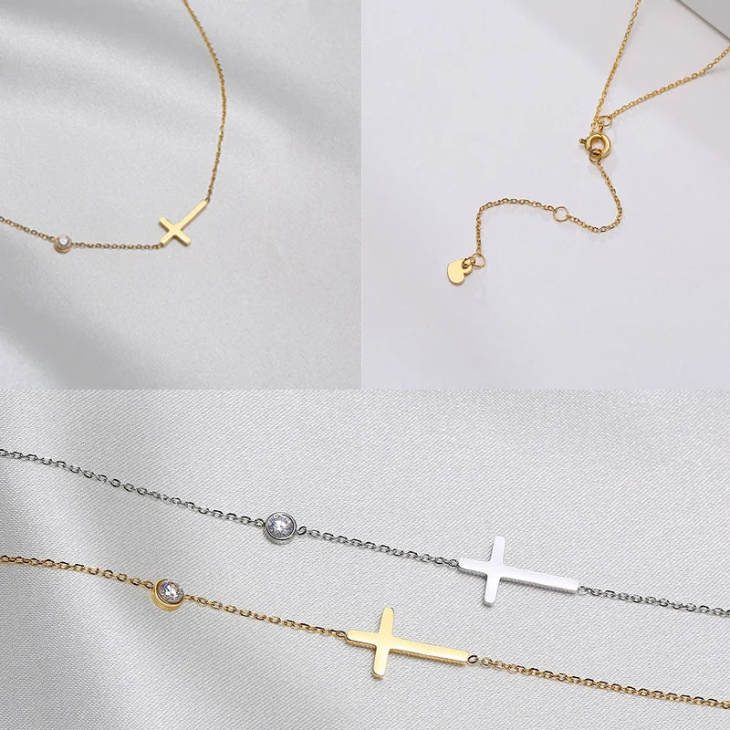 Petite Sideways Cross Necklace – Stainless Steel Gold & Silver Cross Pendant Necklace SPOT