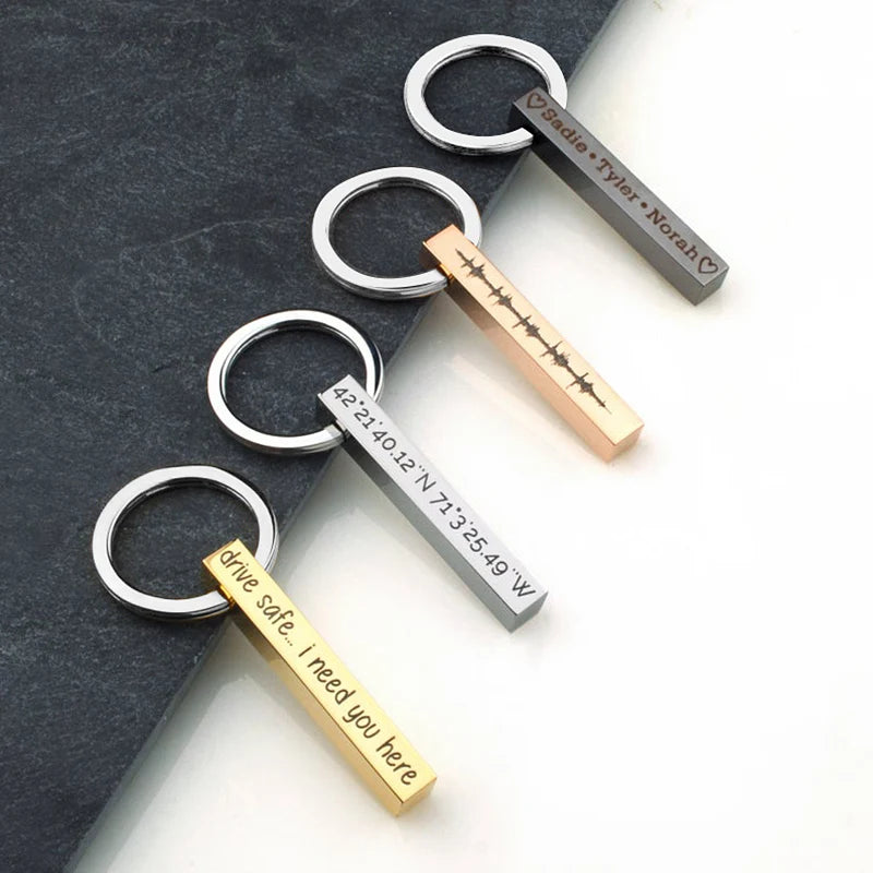Custom Engraved 3D Bar Keychain – Stainless Steel Coordinates Personalized Keychain SPOT