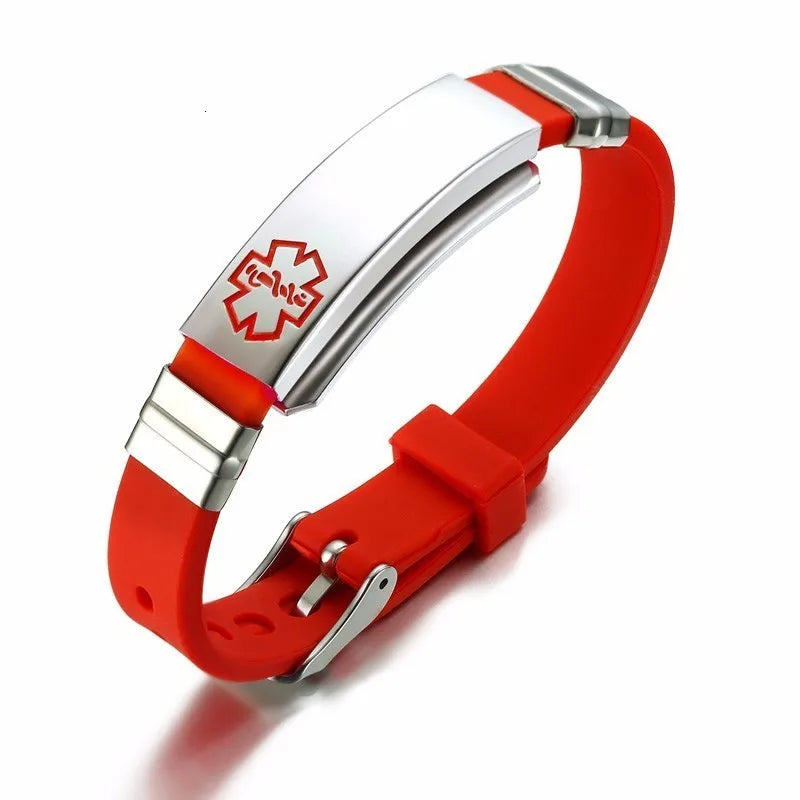 Custom Engraved ICE ID Bracelet – Silicone & Stainless Steel Engraved ID Bracelet SPOT red silver picture Engarved