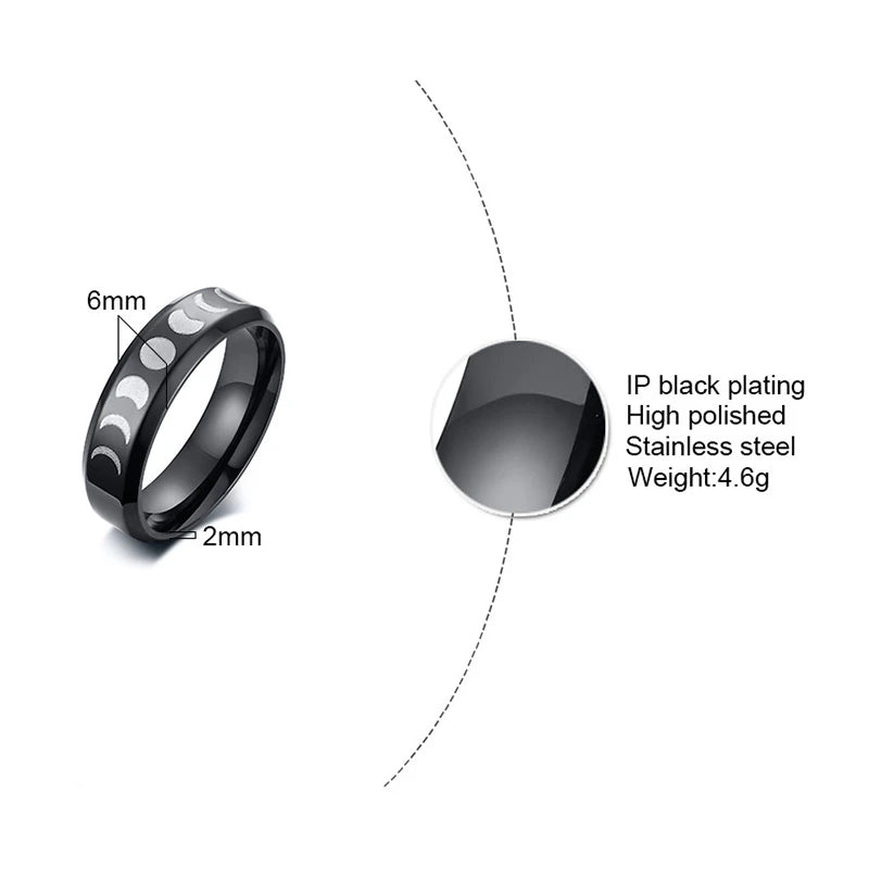 Moon Phase Stainless Steel Ring – Crescent Triple Goddess 6mm Fashion Ring SPOT