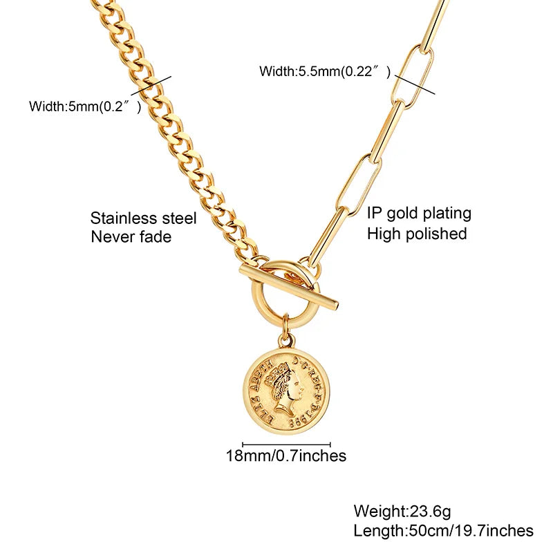 Paper Clip Chain Coin Pendant Necklace – Gold Toggle Clasp Pendant Necklace SPOT