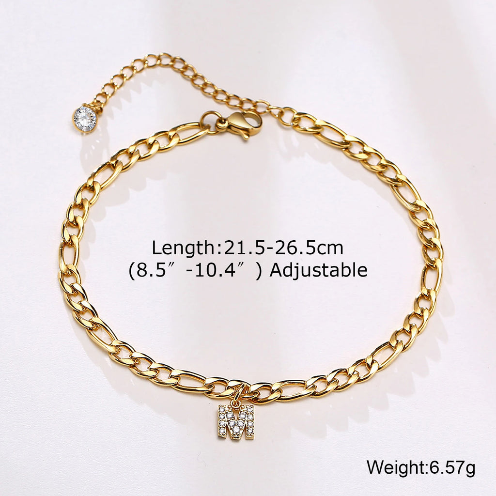 Crystal Initial Letter Anklet – Cuban Link Stainless Steel Initial Letter Anklet SPOT