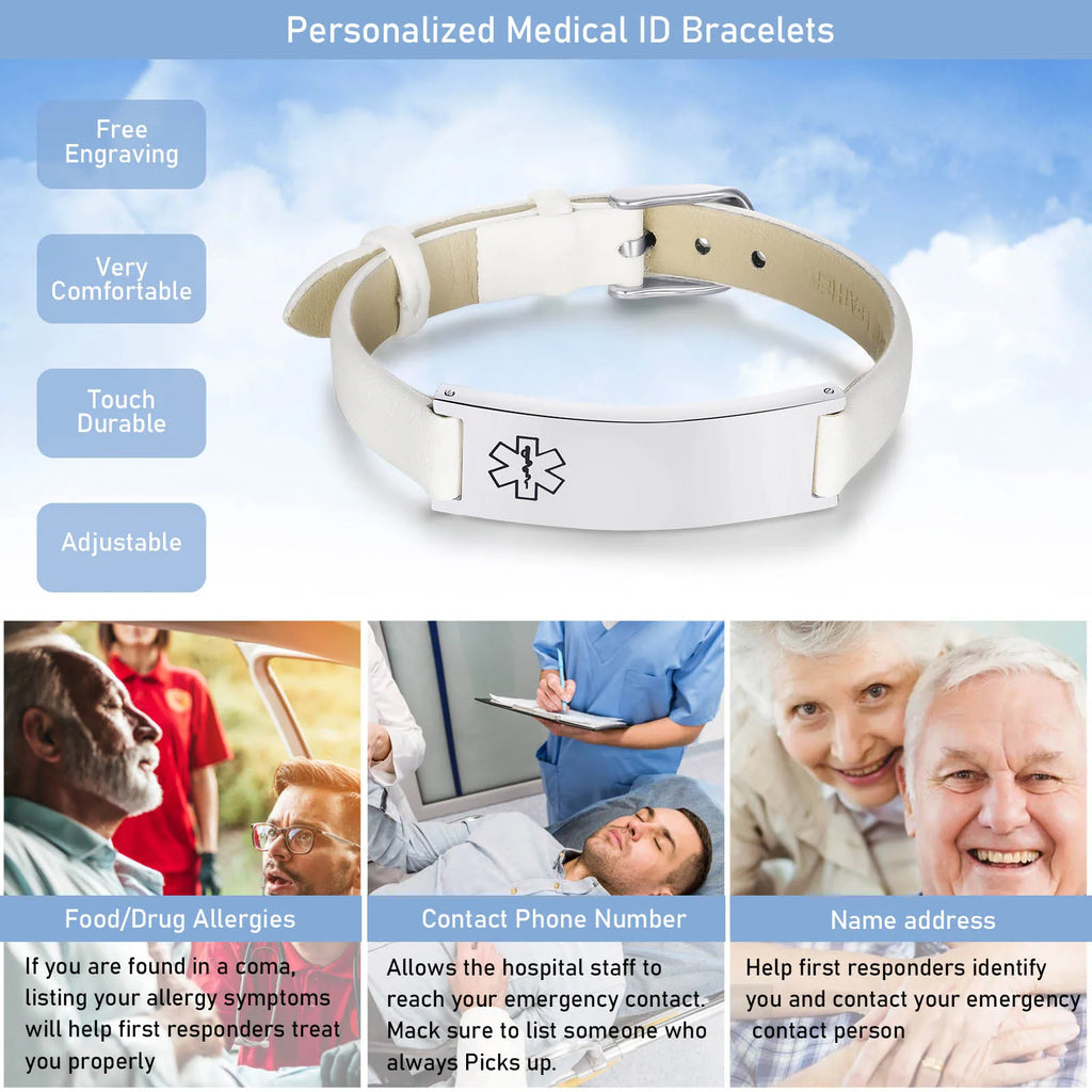 Custom Engraved Medical Alert ID Leather Wrap Bracelet | Meaeguet Medical ID Bracelet SPOT