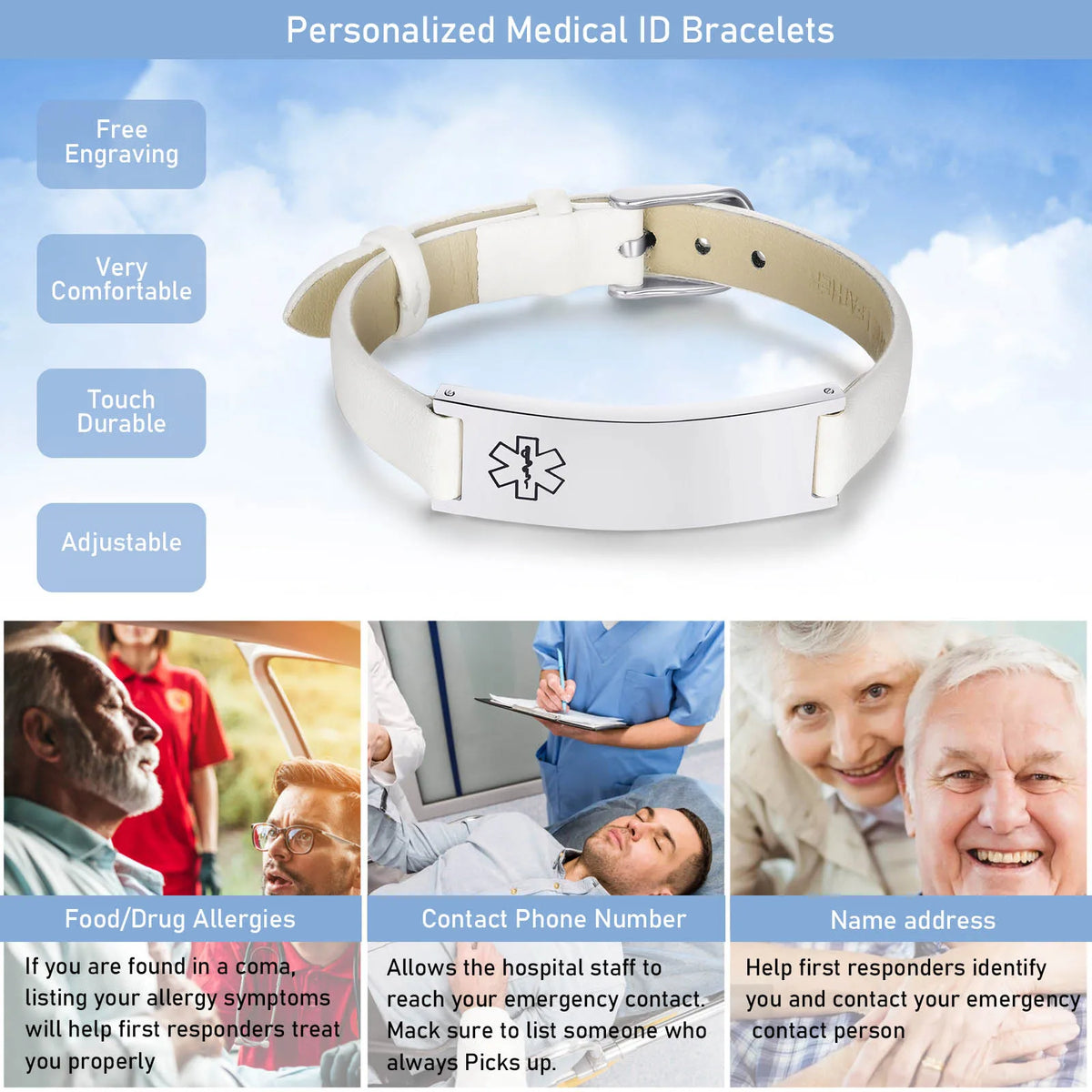 Custom Engraved Medical Alert ID Leather Wrap Bracelet | Meaeguet Medical ID Bracelet SPOT