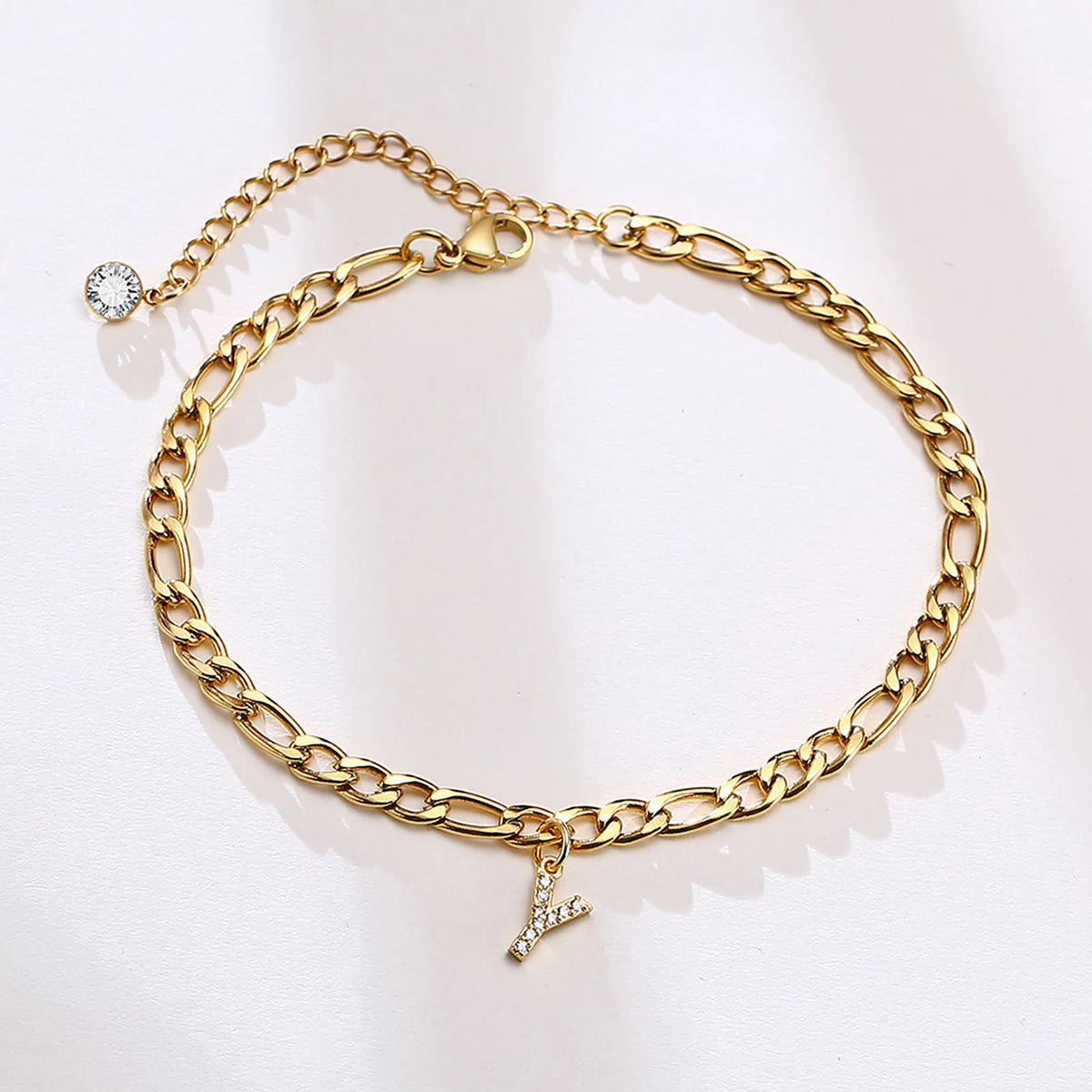 Crystal Initial Letter Anklet – Cuban Link Stainless Steel Initial Letter Anklet SPOT