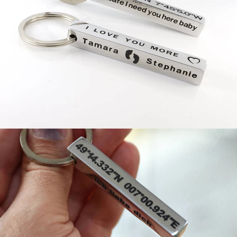Custom Engraved 3D Bar Keychain – Stainless Steel Coordinates Personalized Keychain SPOT