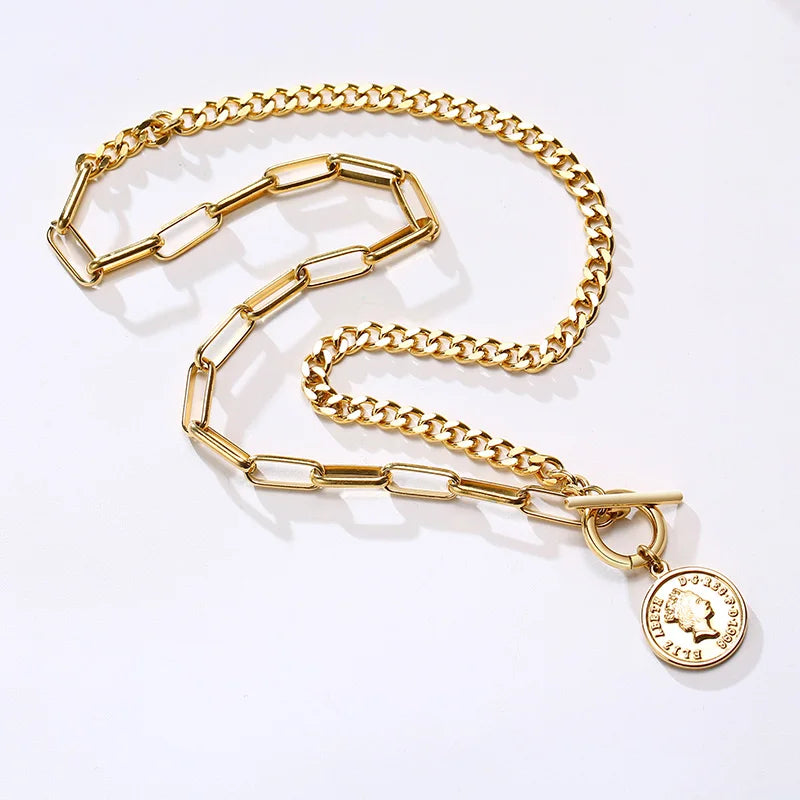 Paper Clip Chain Coin Pendant Necklace – Gold Toggle Clasp Pendant Necklace SPOT
