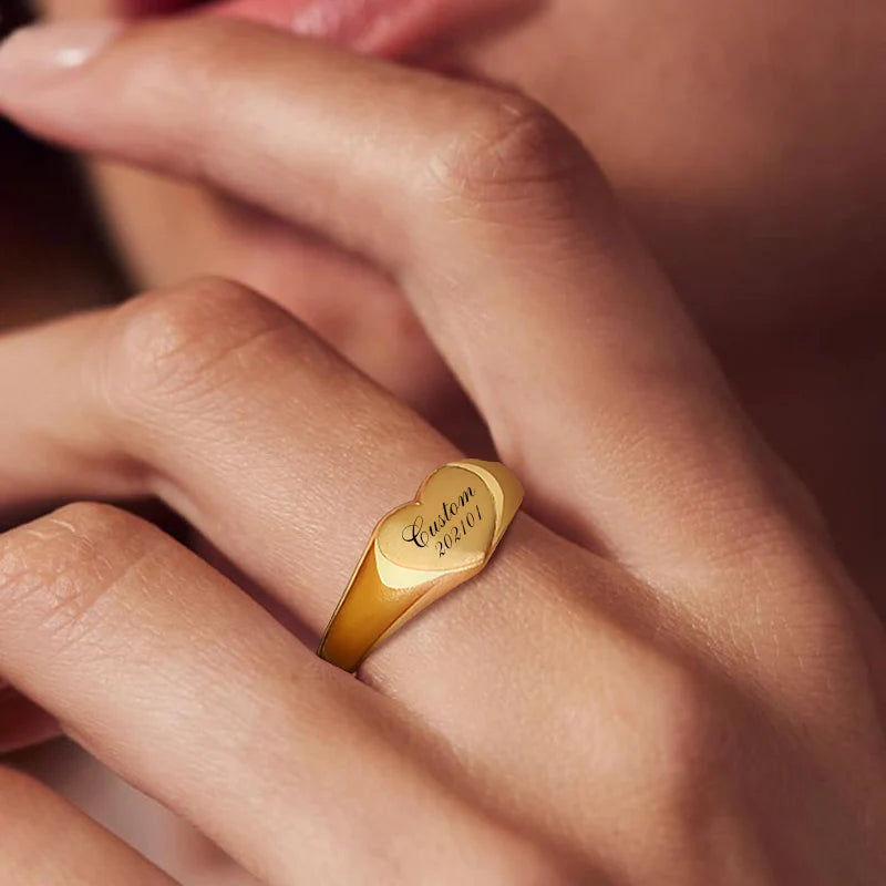 Personalised Engraved Heart Signet Ring – Custom Initial Women Engraved Signet Ring SPOT