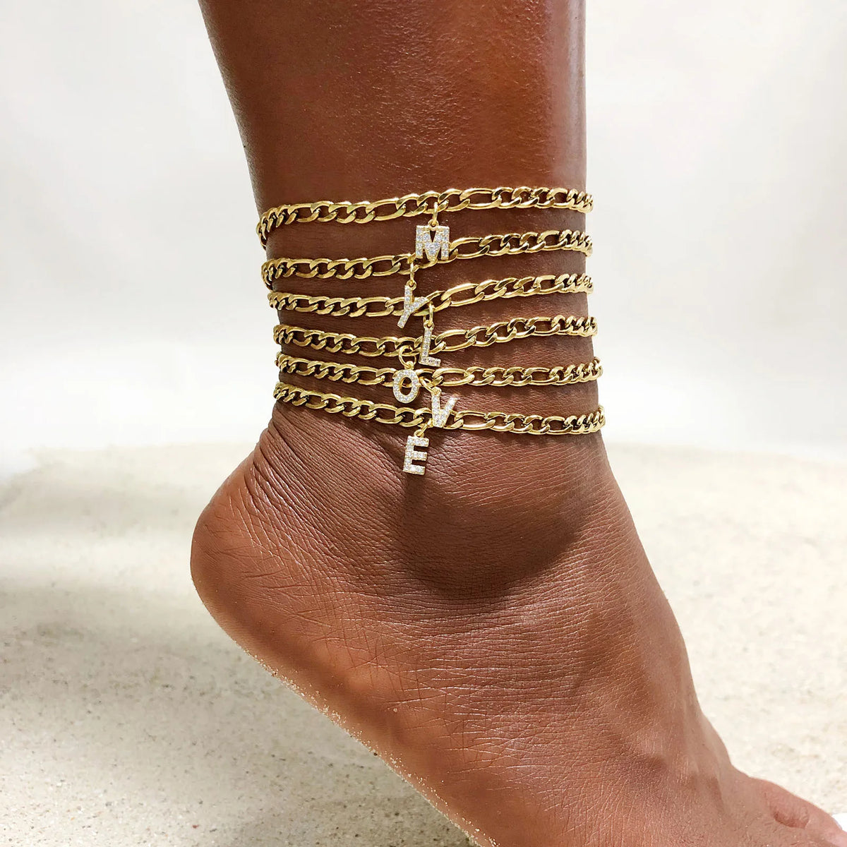 Crystal Initial Letter Anklet – Cuban Link Stainless Steel Initial Letter Anklet SPOT