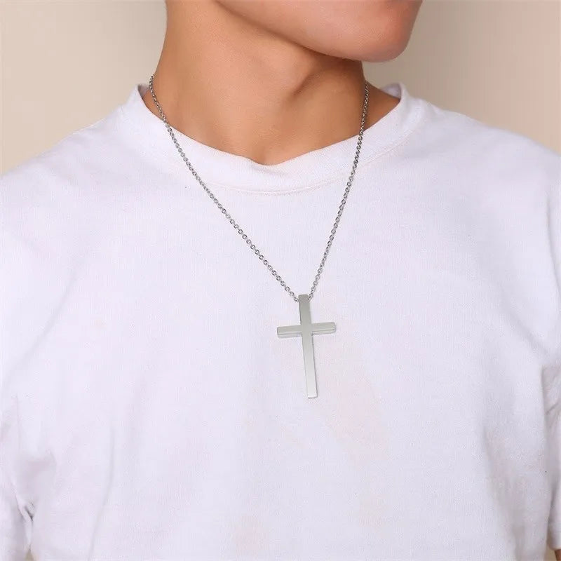 Men's Cross Pendant Necklace – Silver Stainless Steel Crucifix Cross Pendant Necklace SPOT