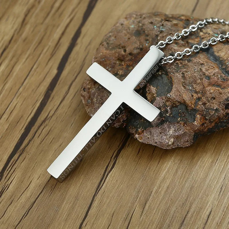Men's Cross Pendant Necklace – Silver Stainless Steel Crucifix Cross Pendant Necklace SPOT