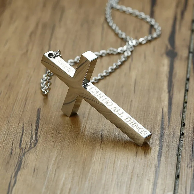Men's Cross Pendant Necklace – Silver Stainless Steel Crucifix Cross Pendant Necklace SPOT