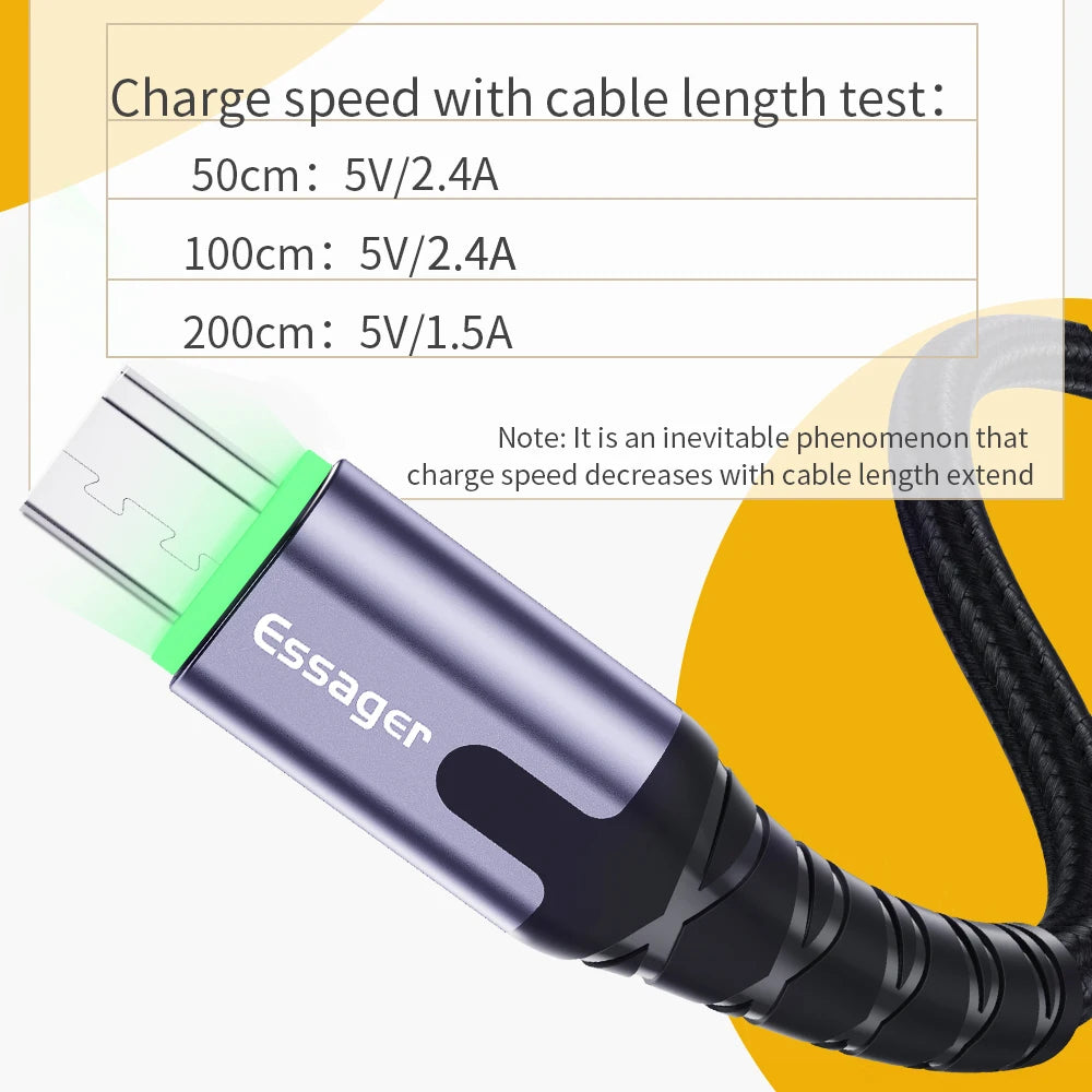 Essager LED Micro USB Cable 3A Fast Charging 2M 3M Android USB Charging Cable SPOT