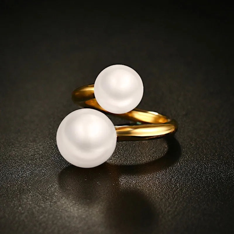 Meaeguet Gold Pearl Bypass Open Ring – Stainless Steel Women Pearl Cocktail Ring SPOT