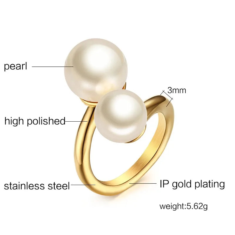 Meaeguet Gold Pearl Bypass Open Ring – Stainless Steel Women Pearl Cocktail Ring SPOT Clear Gold-color 8
