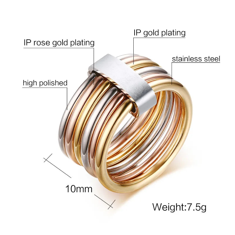 Women's 18K Gold Stainless Steel 6-Circle Interlocked Ring 10MM Cocktail Ring SPOT