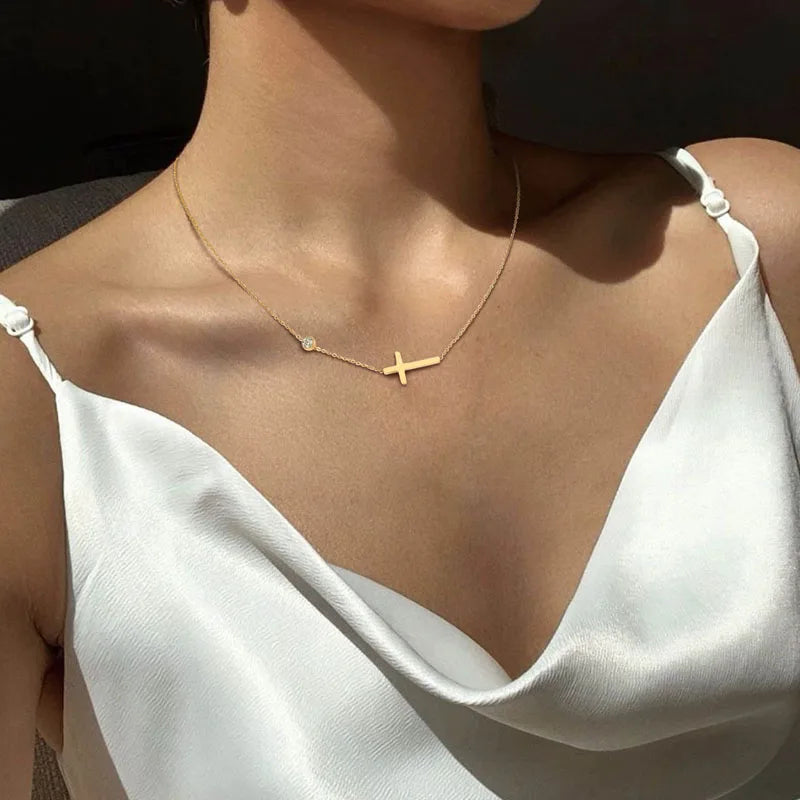 Petite Sideways Cross Necklace – Stainless Steel Gold & Silver Cross Pendant Necklace SPOT