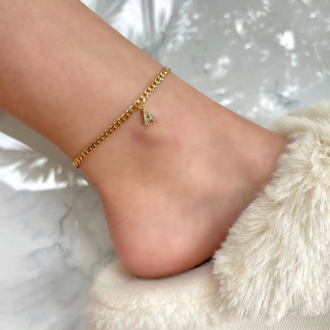 Crystal Initial Letter Anklet – Cuban Link Stainless Steel Initial Letter Anklet SPOT