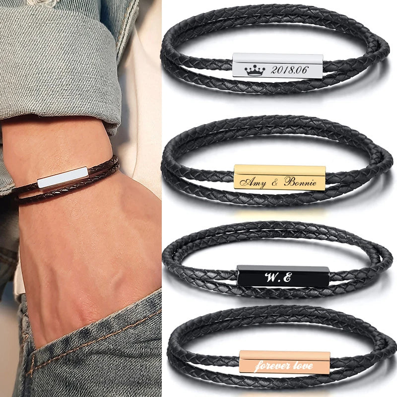 Personalized Leather Braided Bracelet – Custom Name Engraved Custom Engraved Bracelet SPOT