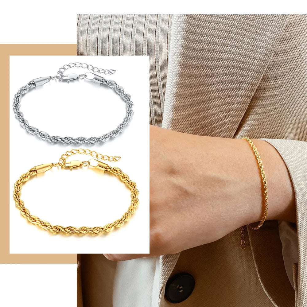 Women's 316L Stainless Steel Twist Rope Chain Bracelet – 5mm Chain Link Bracelet SPOT