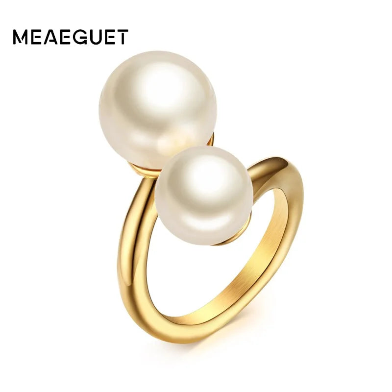 Meaeguet Gold Pearl Bypass Open Ring – Stainless Steel Women Pearl Cocktail Ring SPOT