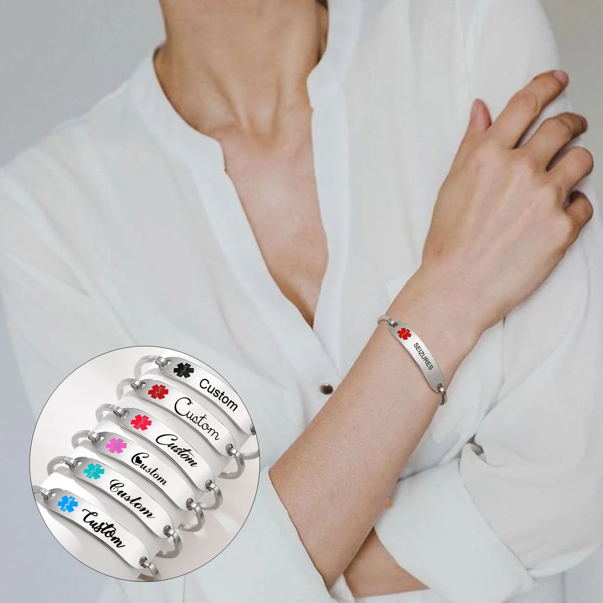 Personalized Engraved Medical Alert ID Bangle Bracelet Women Engraved ID Bracelet SPOT