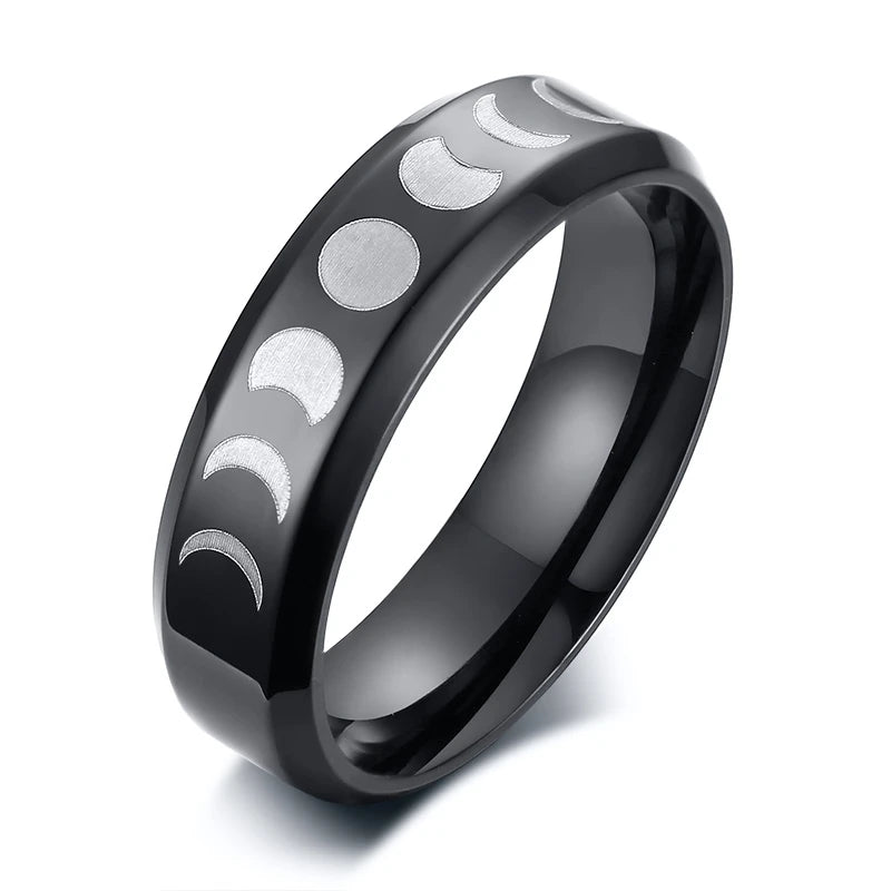 Moon Phase Stainless Steel Ring – Crescent Triple Goddess 6mm Fashion Ring SPOT Black Color 6