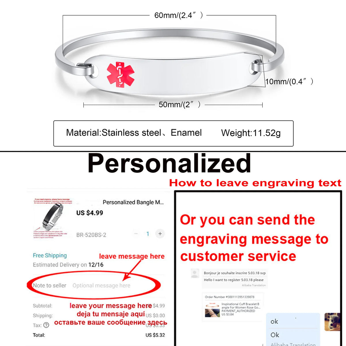 Personalized Engraved Medical Alert ID Bangle Bracelet Women Engraved ID Bracelet SPOT