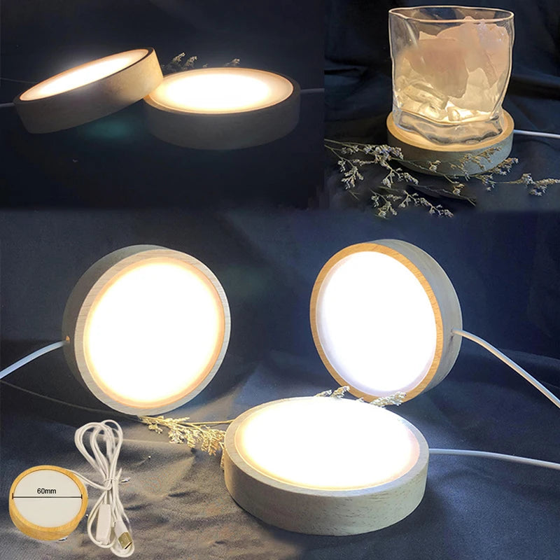 Wooden LED Light Base – USB Rotating Crystal Display Stand LED Display Stand SPOT
