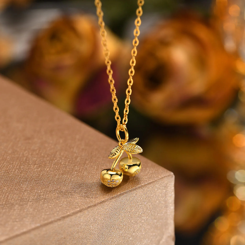 Women's CZ Cherry Pendant Necklace – Gold Stainless Steel Chain Pendant Necklace SPOT