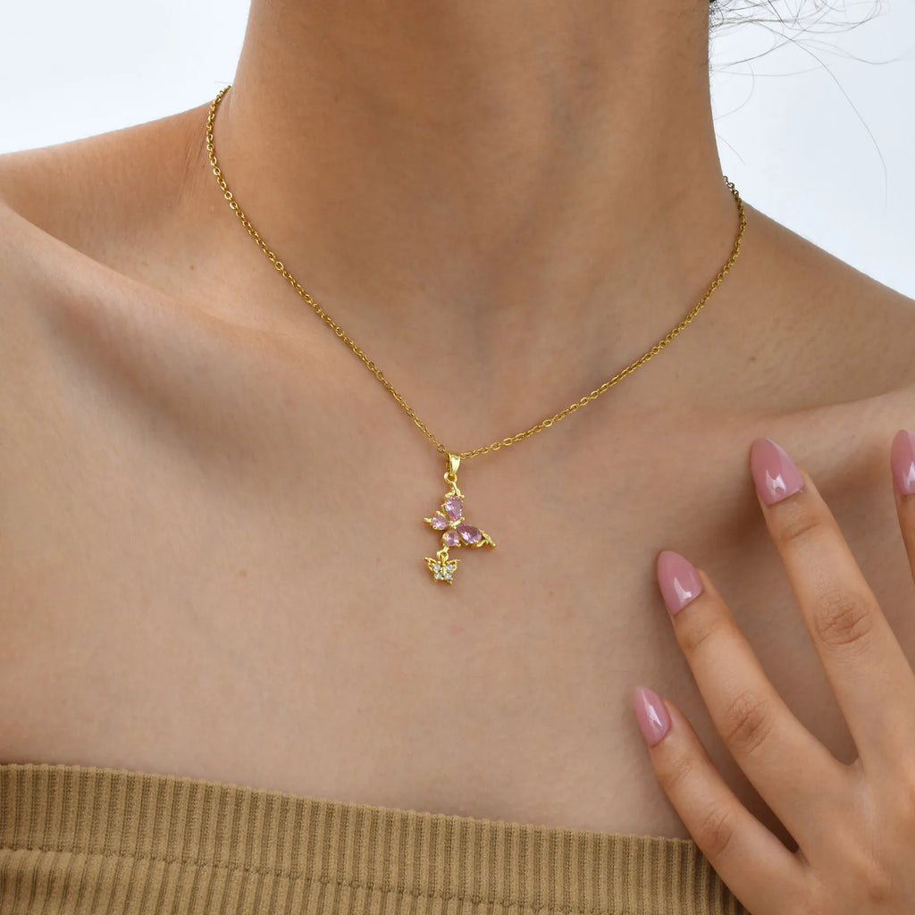 Double Butterfly Necklace – 18K Gold Plated Pink CZ Pendant Pendant Necklace SPOT