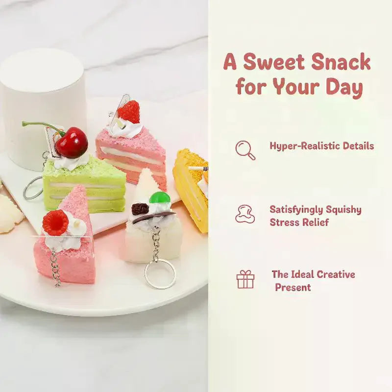 Realistic Cake Slice Keychain – PU Fruit Topping Bag Charm Novelty Keychain SPOT
