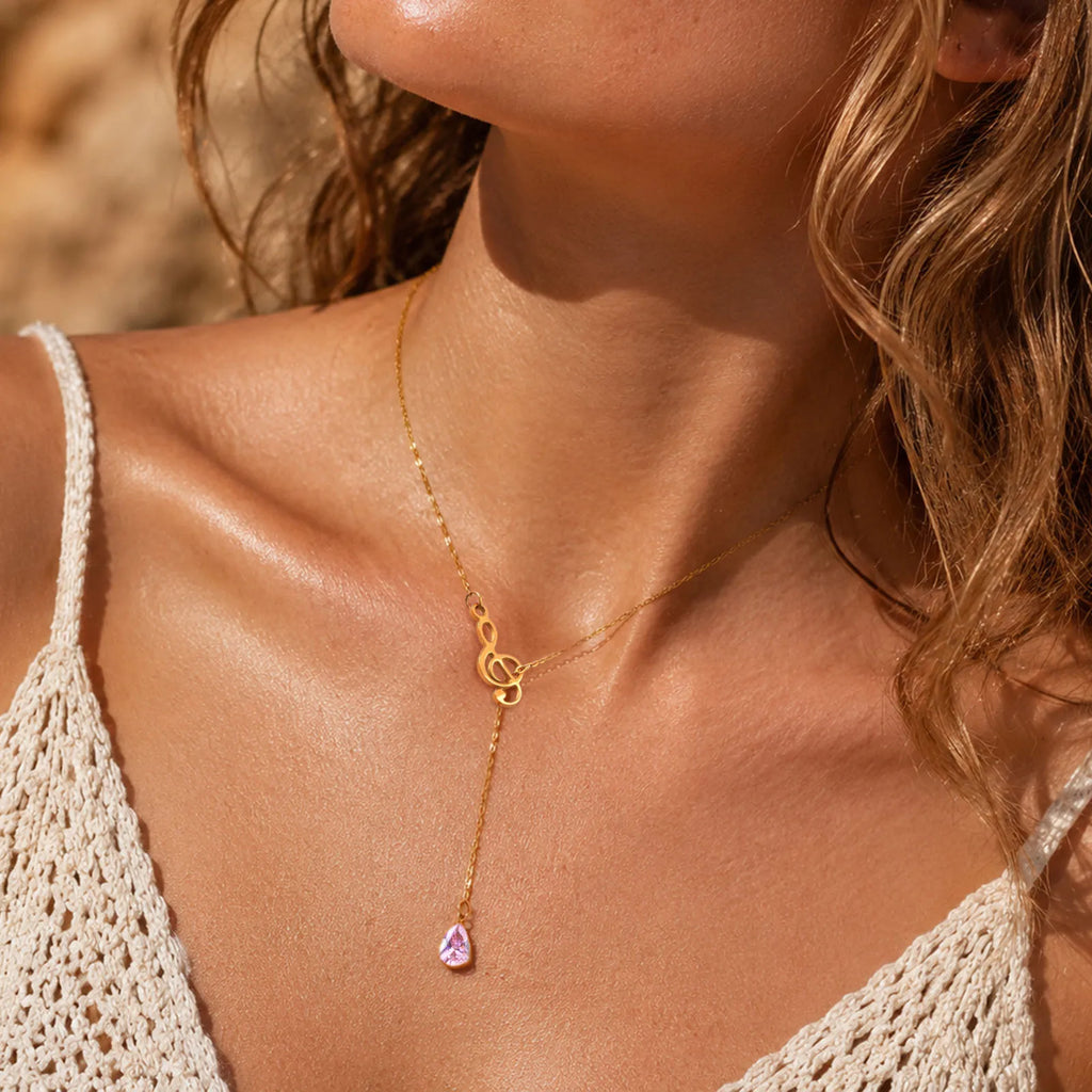 Music Note Heart CZ Lariat Y-Necklace | 18K Gold Stainless Steel Pendant Necklace SPOT
