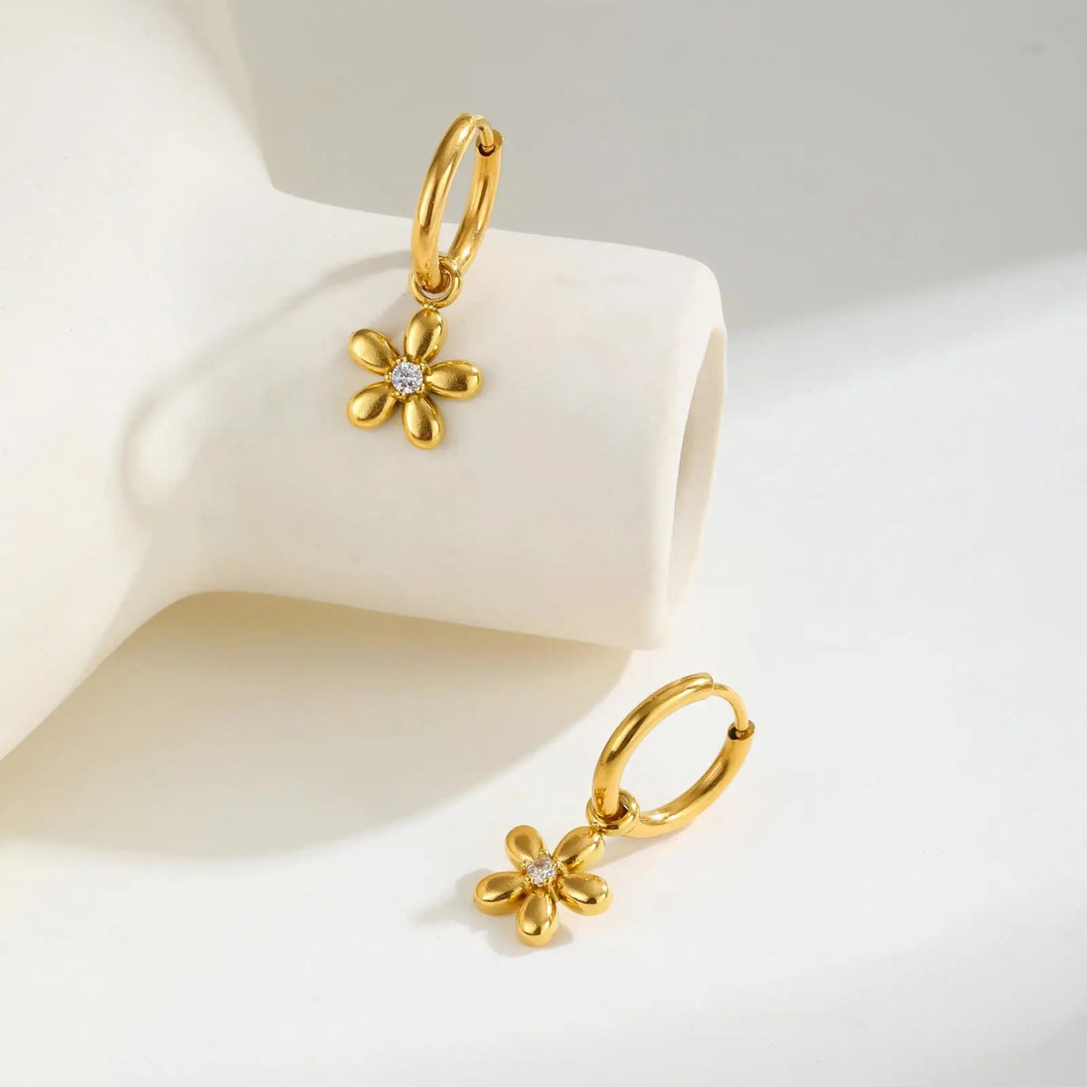 Zirconia Daisy Hoop Earrings – Gold Stainless Steel Dangle Dangle Hoop Earrings SPOT