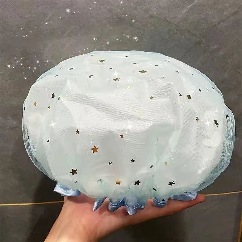 Waterproof Double-Layer Shower Cap – Reusable Starry Sky Shower Cap SPOT Blue