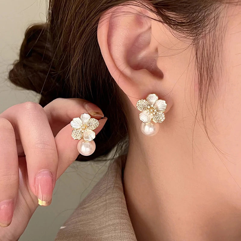 Sweet Flower Enamel Pearl Stud Earrings for Women & Girls Fashion Stud Earrings SPOT