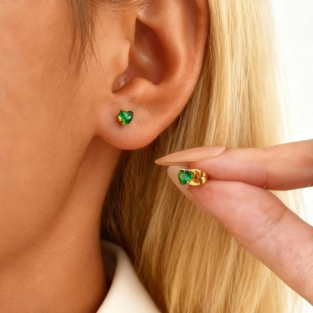 Emerald Green Zircon Heart Stud Earrings – 18K Gold Plated Steel Zirconia Stud Earrings SPOT