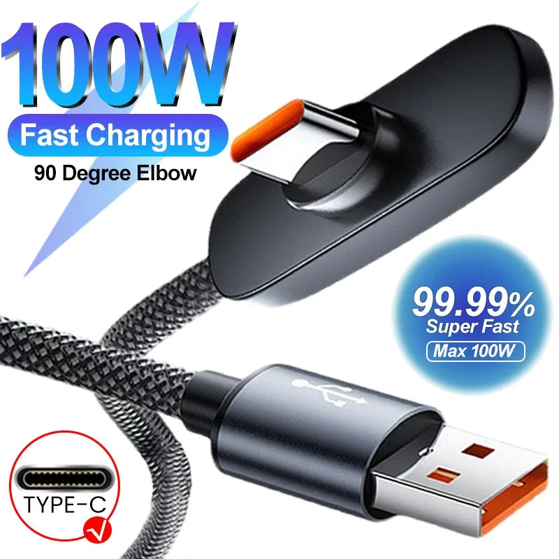 90° Elbow 100W USB-C Fast Charging Cable – Braided, 1–2m USB-C Charging Cable SPOT