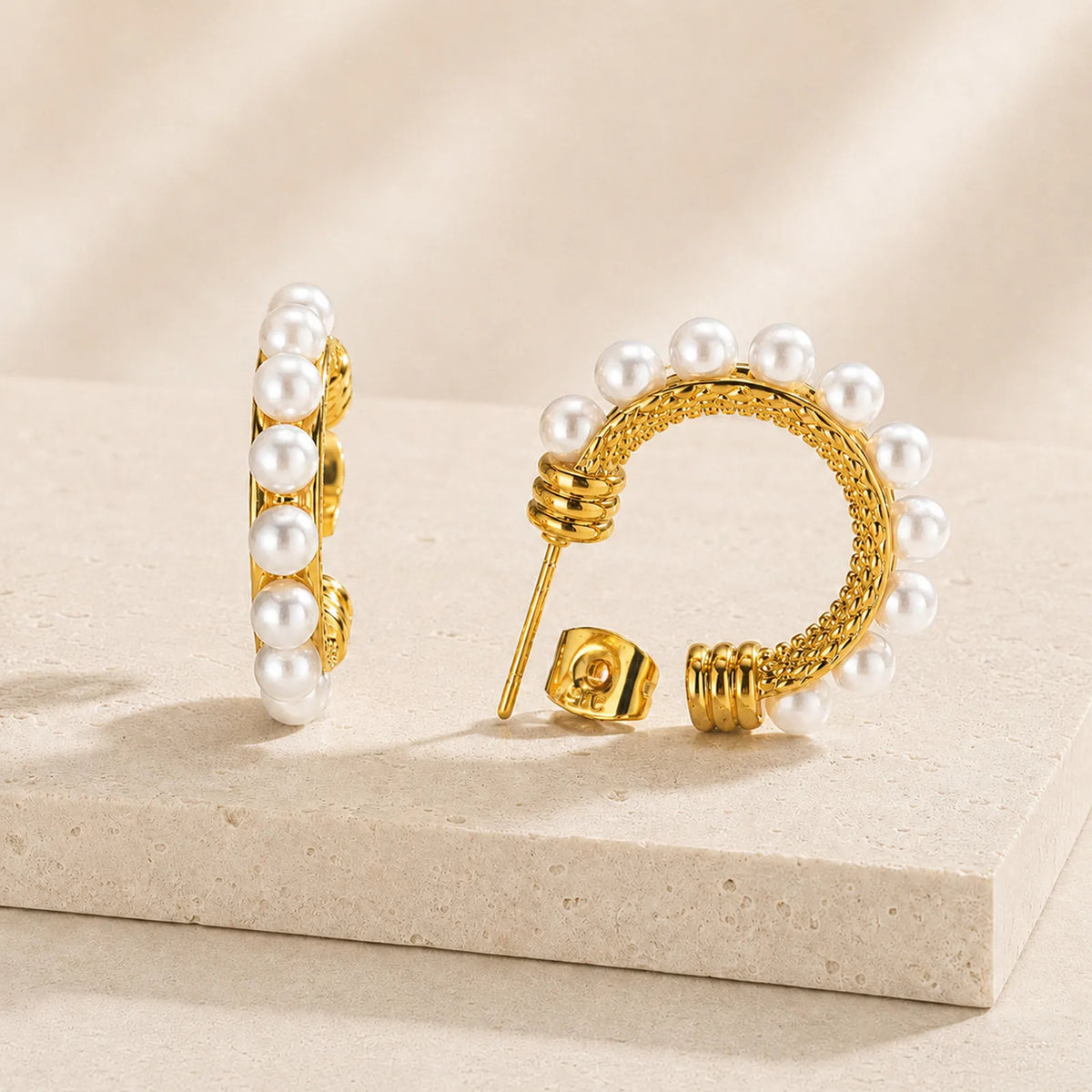 French Vintage Pearl Hoop Earrings – Gold Plated C-Shape Pearl Hoop Earrings SPOT