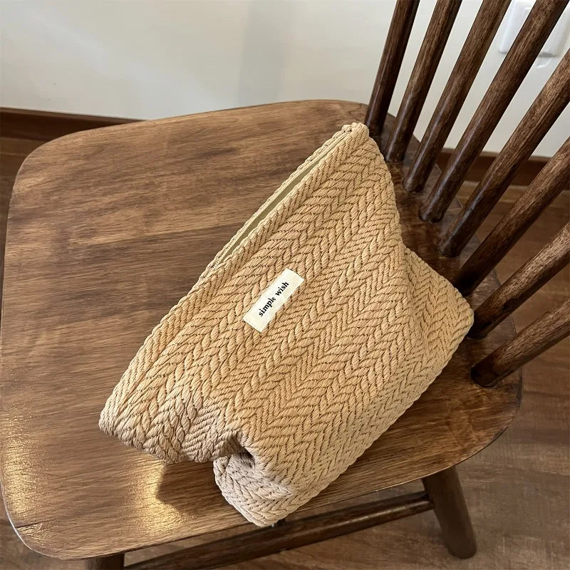 Woven Cosmetic Bag – Rice Grain Pattern Zipper Makeup Pouch Cosmetic Travel Bag SPOT coffe