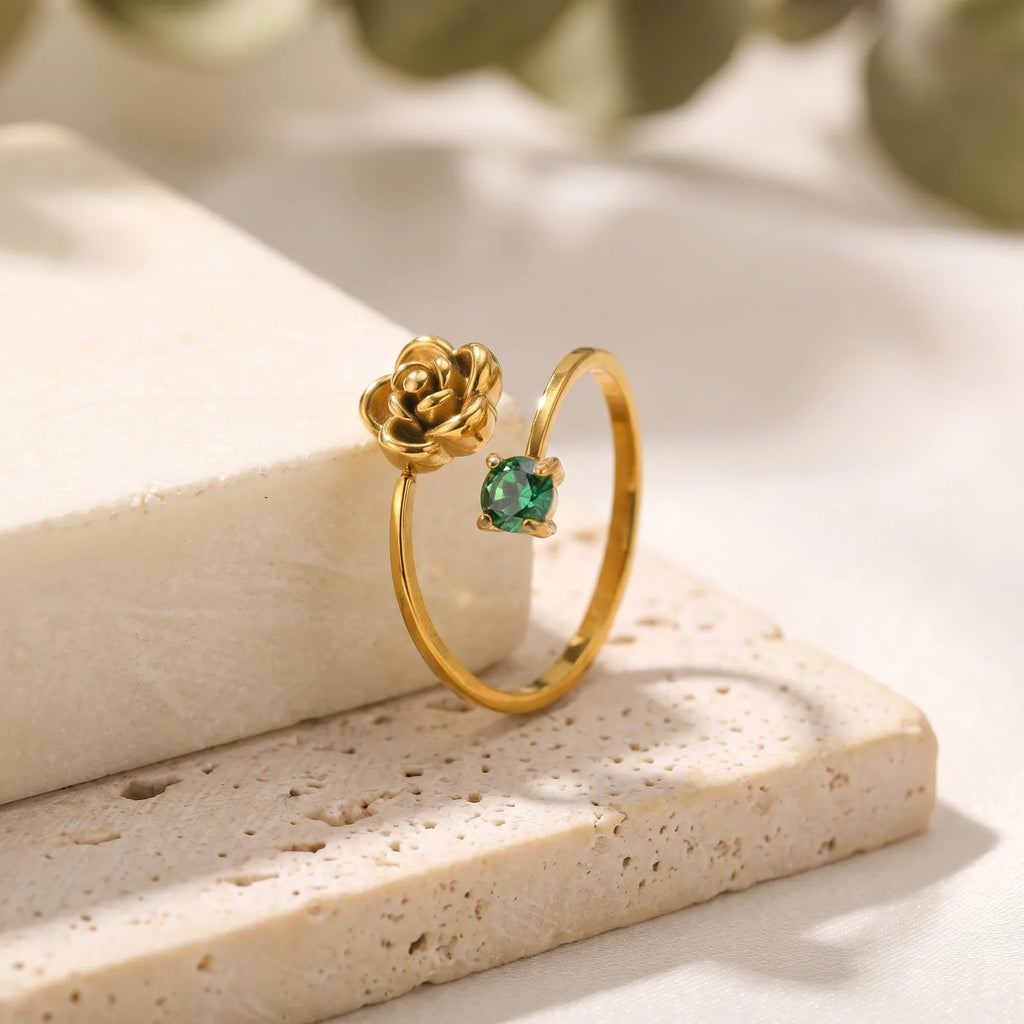 3D Rose CZ Adjustable Ring – Stainless Steel Floral Band Adjustable Fashion Ring SPOT