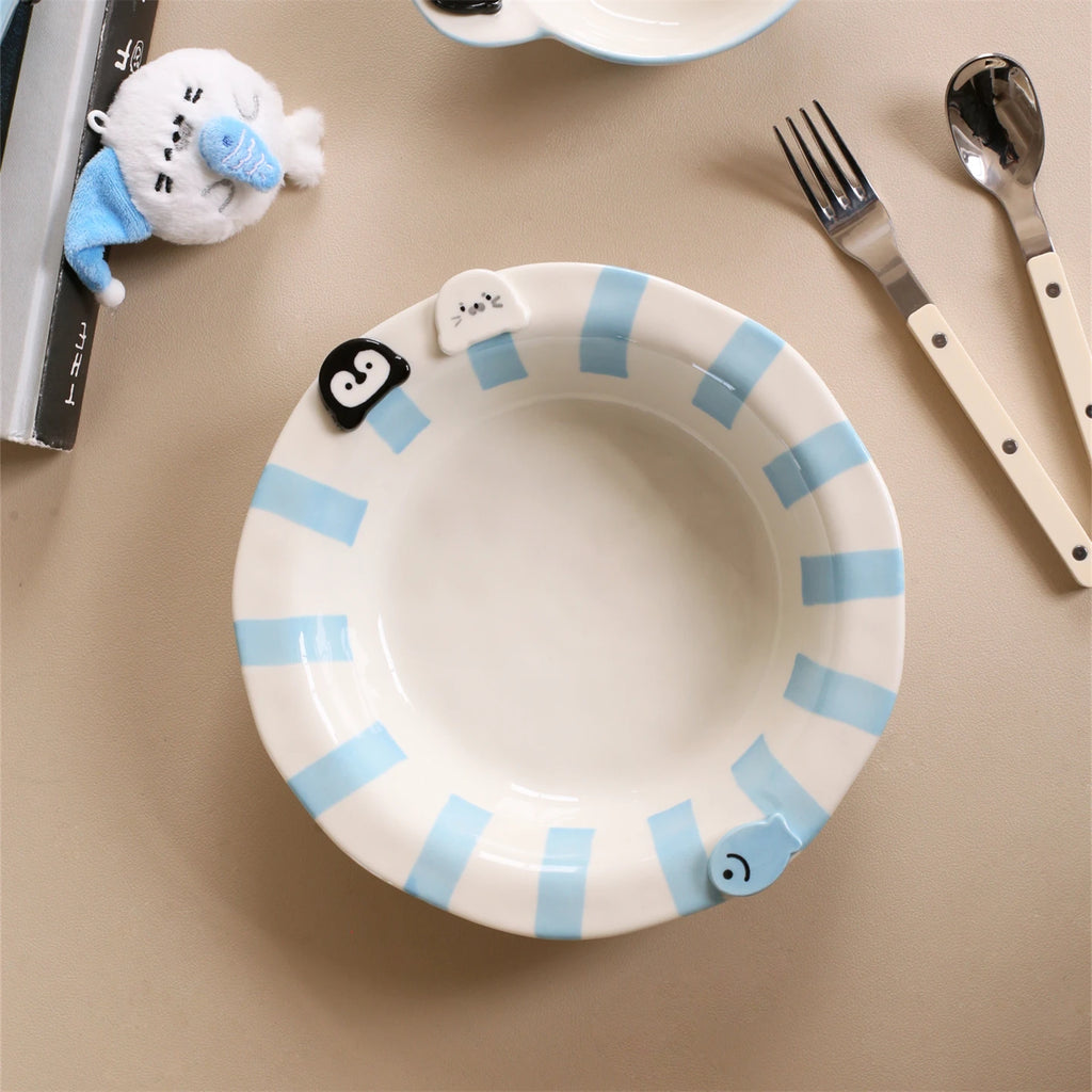 Seal & Penguin Ceramic Deep Plate – Blue Striped Round Dish Ceramic Dining Plate SPOT