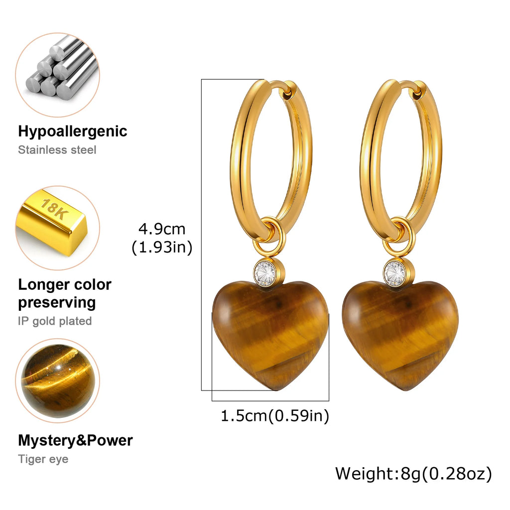 Tiger's Eye Heart Dangle Earrings – 18K Gold Plated CZ Dangle Earrings SPOT